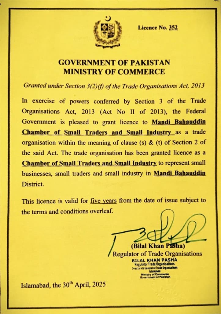 MBCST&I trade organisation licence — Government of Pakistan, Ministry of Commerce, Licence No. 352